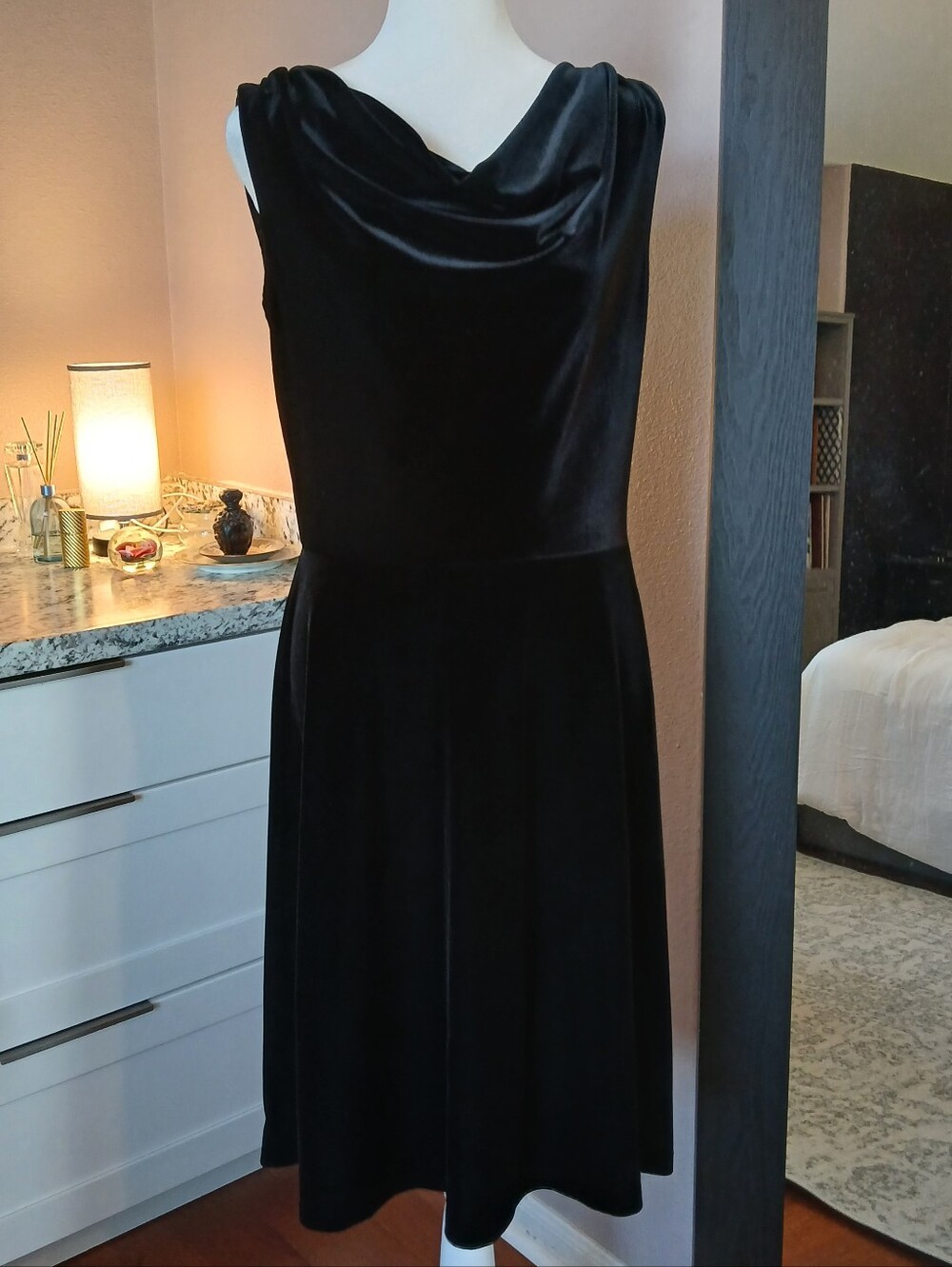 Talbots Black Velour Cocktail Dress Midi Sz MP Petite Cowl Neck